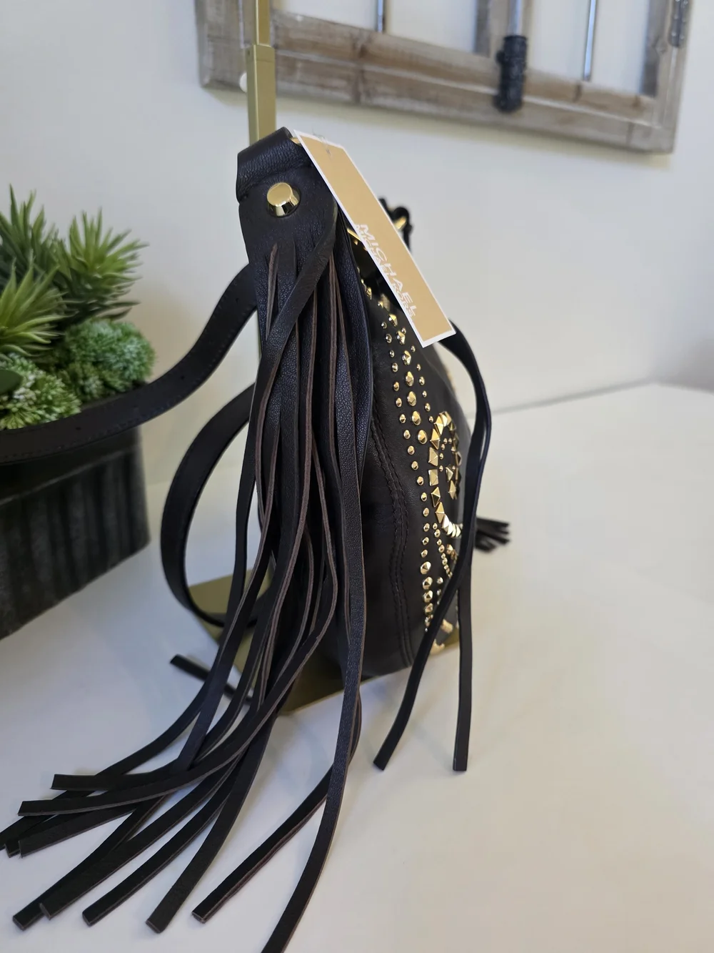 Michael Kors Rhea Studded  Shoulder/Crossbody Dark Chocolate Leather Fringe-New
